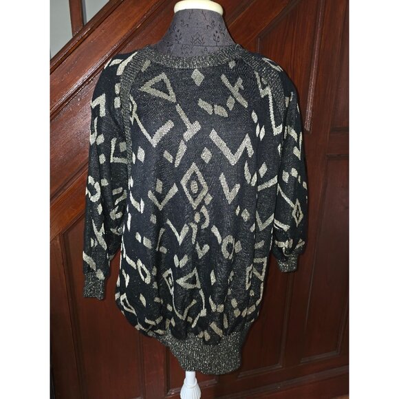 Sharon Anthony Geometric Pattern Sweater Lurex Metallic Black & Gold Batwing 22w - Picture 1 of 9